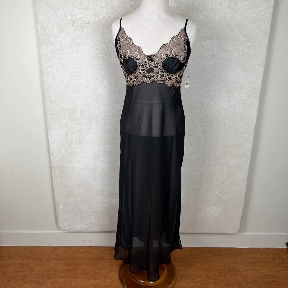 Vtg Delicates Black Sheer Maxi Lace Embroidered Slip Dress Large NWT Romantic